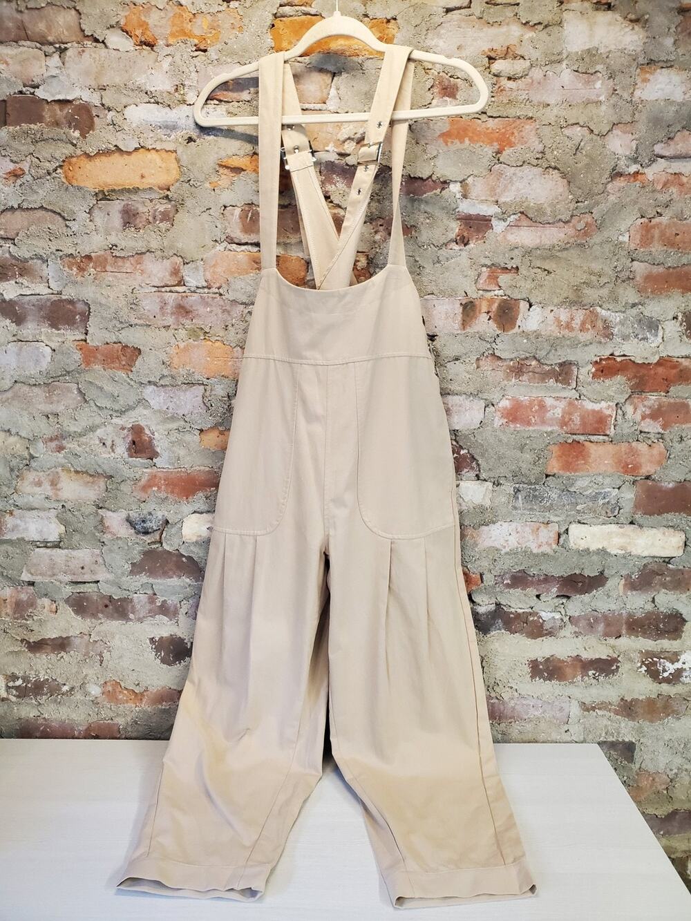 Womens Overalls Jumpsuit S Khaki Wide Leg Pleated Adjustable Straps Casual